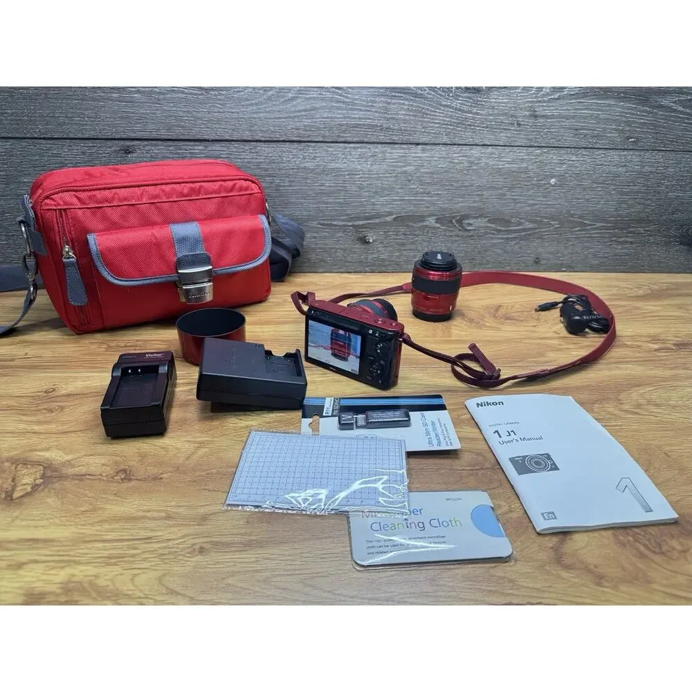 Nikon 1 J1 Mirrorless Camera Red Dual Lens Kit (10-30mm & 30-110mm) + Extras